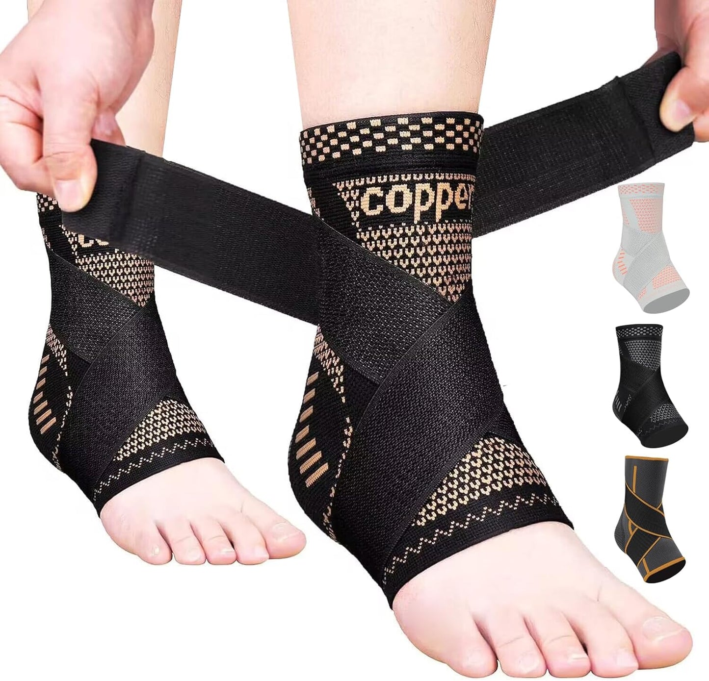 Copper Ankle Brace Adjustable Compression Sleeve (Pair)-Ankle Support Heel Brace for Achilles Tendonitis, Plantar Fasciitis-Eases Swelling and Sprained Ankle(Large)