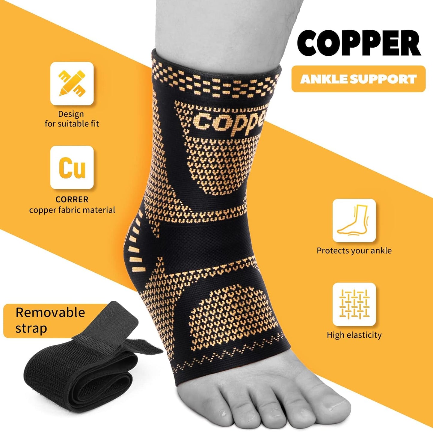 Copper Ankle Brace Adjustable Compression Sleeve (Pair)-Ankle Support Heel Brace for Achilles Tendonitis, Plantar Fasciitis-Eases Swelling and Sprained Ankle(Large)