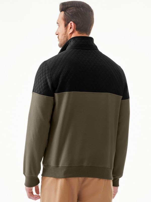 Men's Mock Neck Sweatshirts Quarter Zip Quilted Sweater Color Block Long Sleeve Casual Pullover