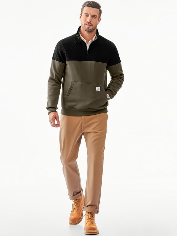 Men's Mock Neck Sweatshirts Quarter Zip Quilted Sweater Color Block Long Sleeve Casual Pullover