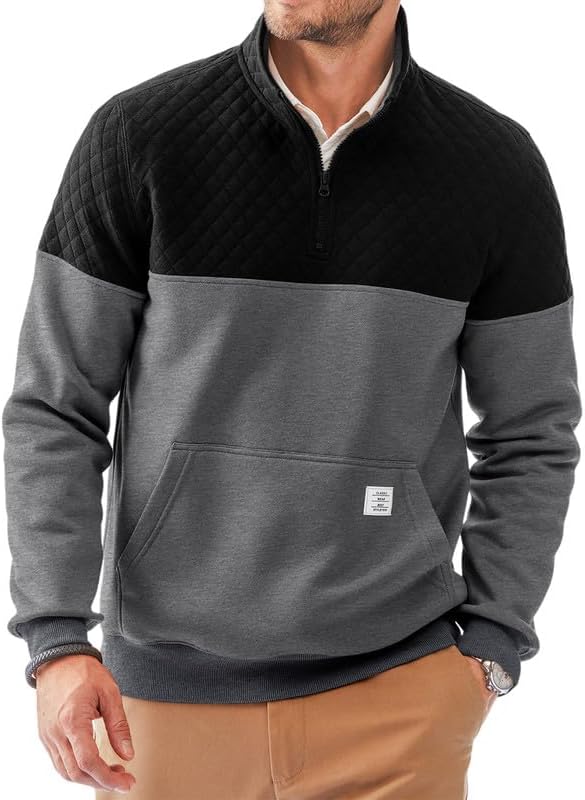 Men's Mock Neck Sweatshirts Quarter Zip Quilted Sweater Color Block Long Sleeve Casual Pullover