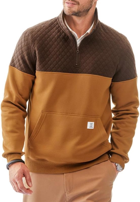 Men's Mock Neck Sweatshirts Quarter Zip Quilted Sweater Color Block Long Sleeve Casual Pullover