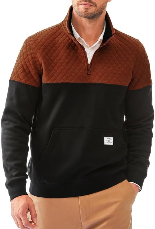 Men's Mock Neck Sweatshirts Quarter Zip Quilted Sweater Color Block Long Sleeve Casual Pullover
