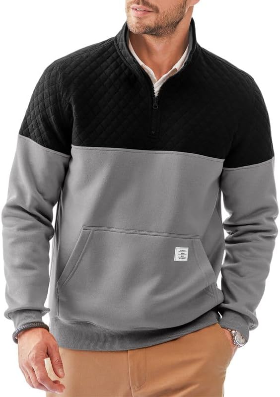Men's Mock Neck Sweatshirts Quarter Zip Quilted Sweater Color Block Long Sleeve Casual Pullover