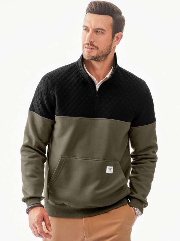 Men's Mock Neck Sweatshirts Quarter Zip Quilted Sweater Color Block Long Sleeve Casual Pullover