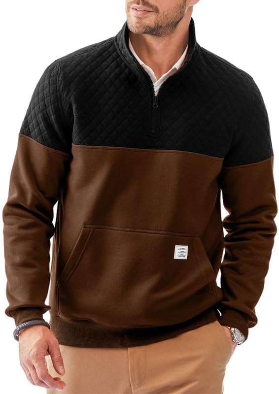 Men's Mock Neck Sweatshirts Quarter Zip Quilted Sweater Color Block Long Sleeve Casual Pullover