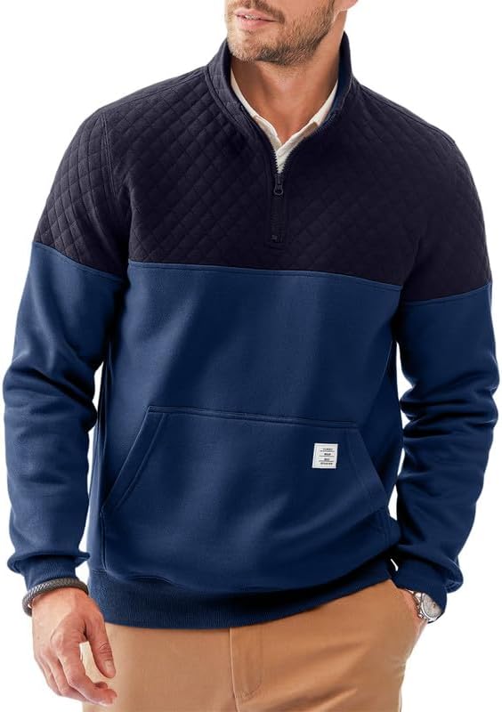 Men's Mock Neck Sweatshirts Quarter Zip Quilted Sweater Color Block Long Sleeve Casual Pullover