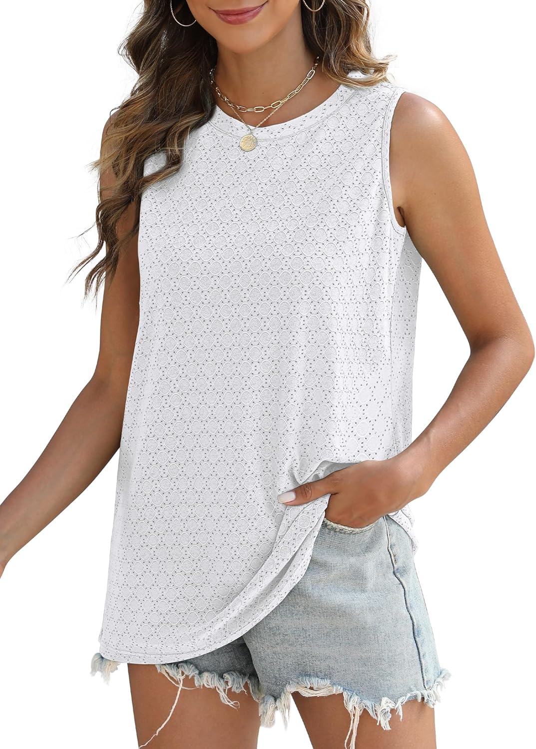 SAMPEEL Womens Tank Tops Eyelet Loose Casual Summer Tops Crew Neck Basic Sleeveless Shirts Trendy 2025