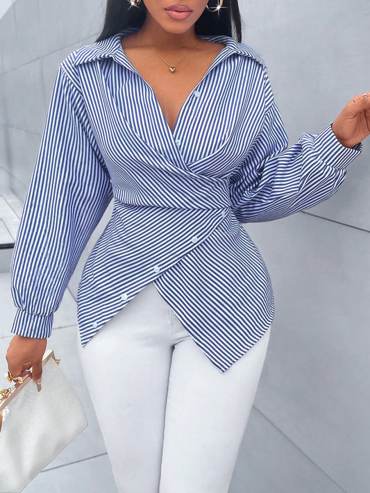 Women's Striped Print Button Front Shirt,Asymmetrical Hem ,Batwing Sleeve,Wrap Blouse,Fall Outfits,Long Sleeve,Winter Clothing,Elegant,Daily Commuting,Going Our,Casual,Long Sleeve Tops