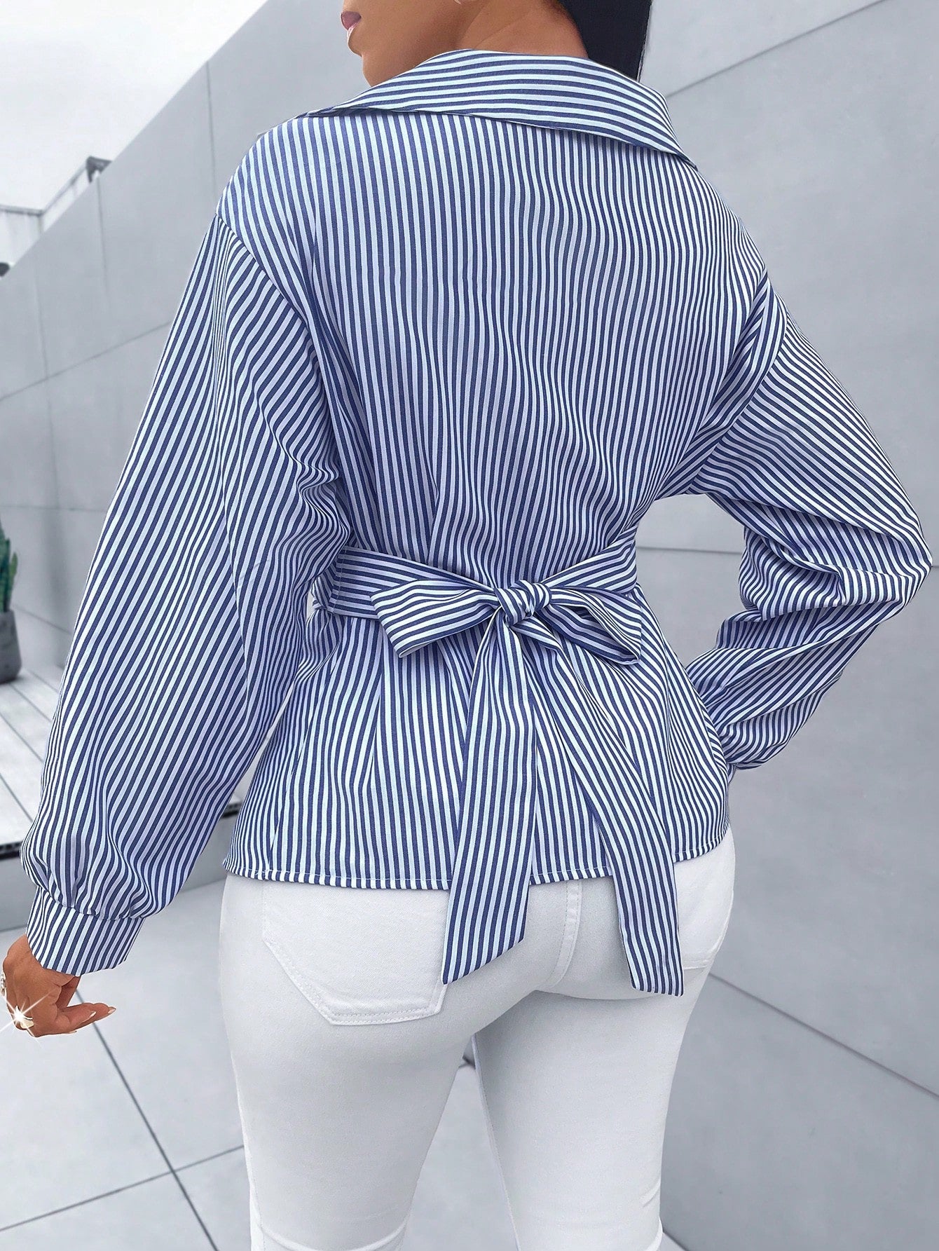 Women's Striped Print Button Front Shirt,Asymmetrical Hem ,Batwing Sleeve,Wrap Blouse,Fall Outfits,Long Sleeve,Winter Clothing,Elegant,Daily Commuting,Going Our,Casual,Long Sleeve Tops