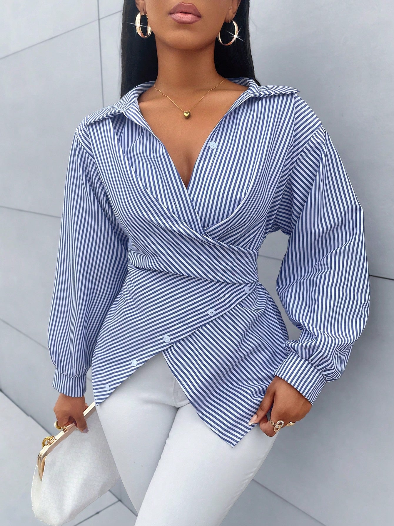 Women's Striped Print Button Front Shirt,Asymmetrical Hem ,Batwing Sleeve,Wrap Blouse,Fall Outfits,Long Sleeve,Winter Clothing,Elegant,Daily Commuting,Going Our,Casual,Long Sleeve Tops