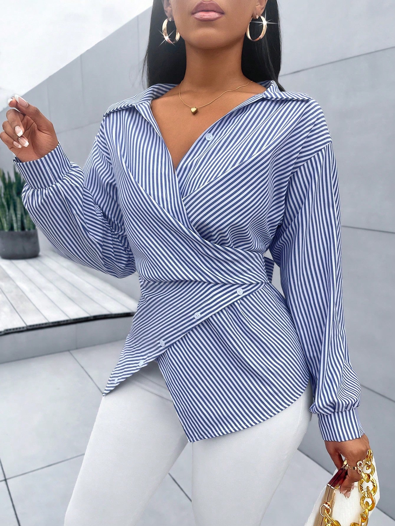 Women's Striped Print Button Front Shirt,Asymmetrical Hem ,Batwing Sleeve,Wrap Blouse,Fall Outfits,Long Sleeve,Winter Clothing,Elegant,Daily Commuting,Going Our,Casual,Long Sleeve Tops