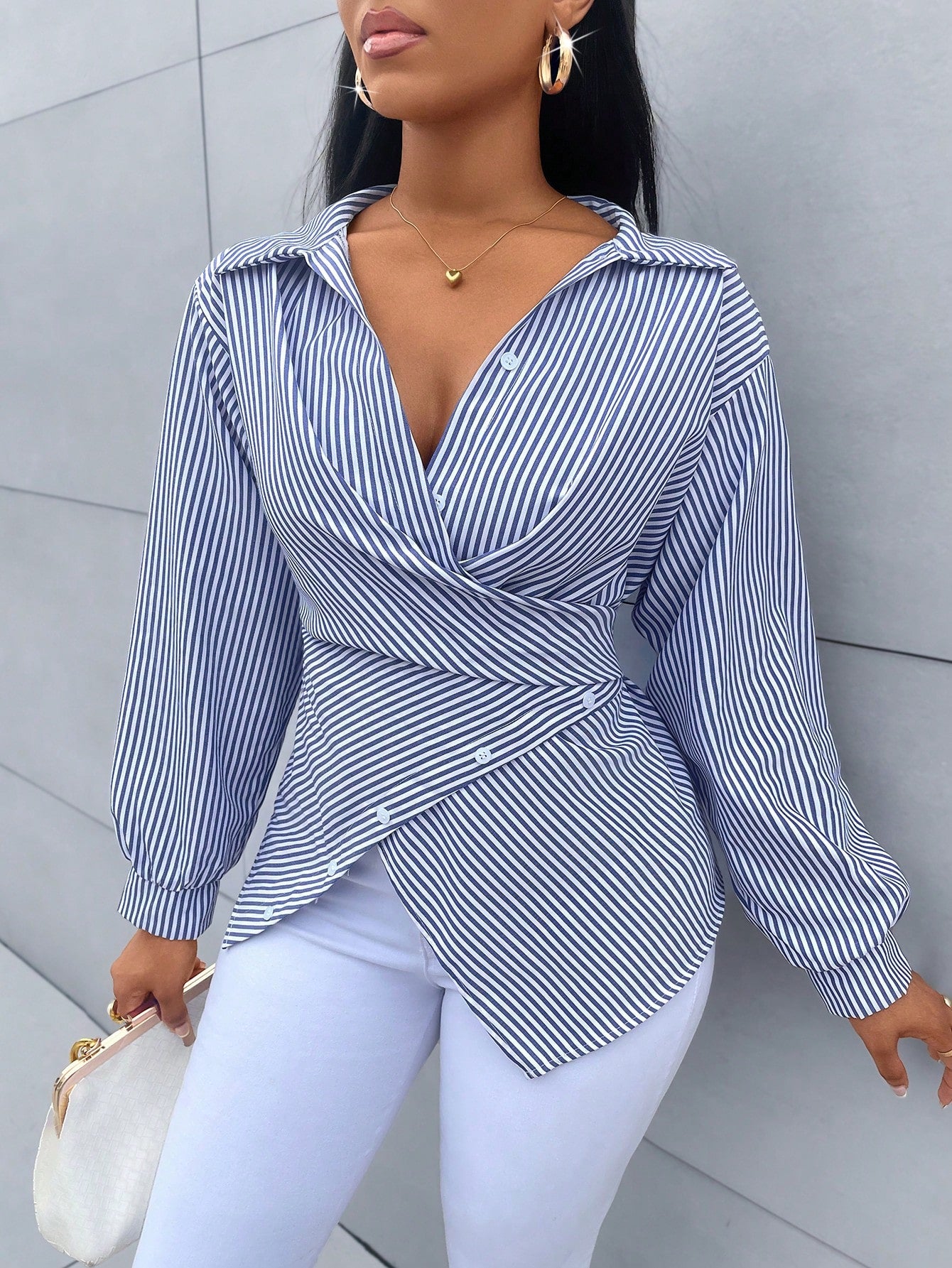 Women's Striped Print Button Front Shirt,Asymmetrical Hem ,Batwing Sleeve,Wrap Blouse,Fall Outfits,Long Sleeve,Winter Clothing,Elegant,Daily Commuting,Going Our,Casual,Long Sleeve Tops