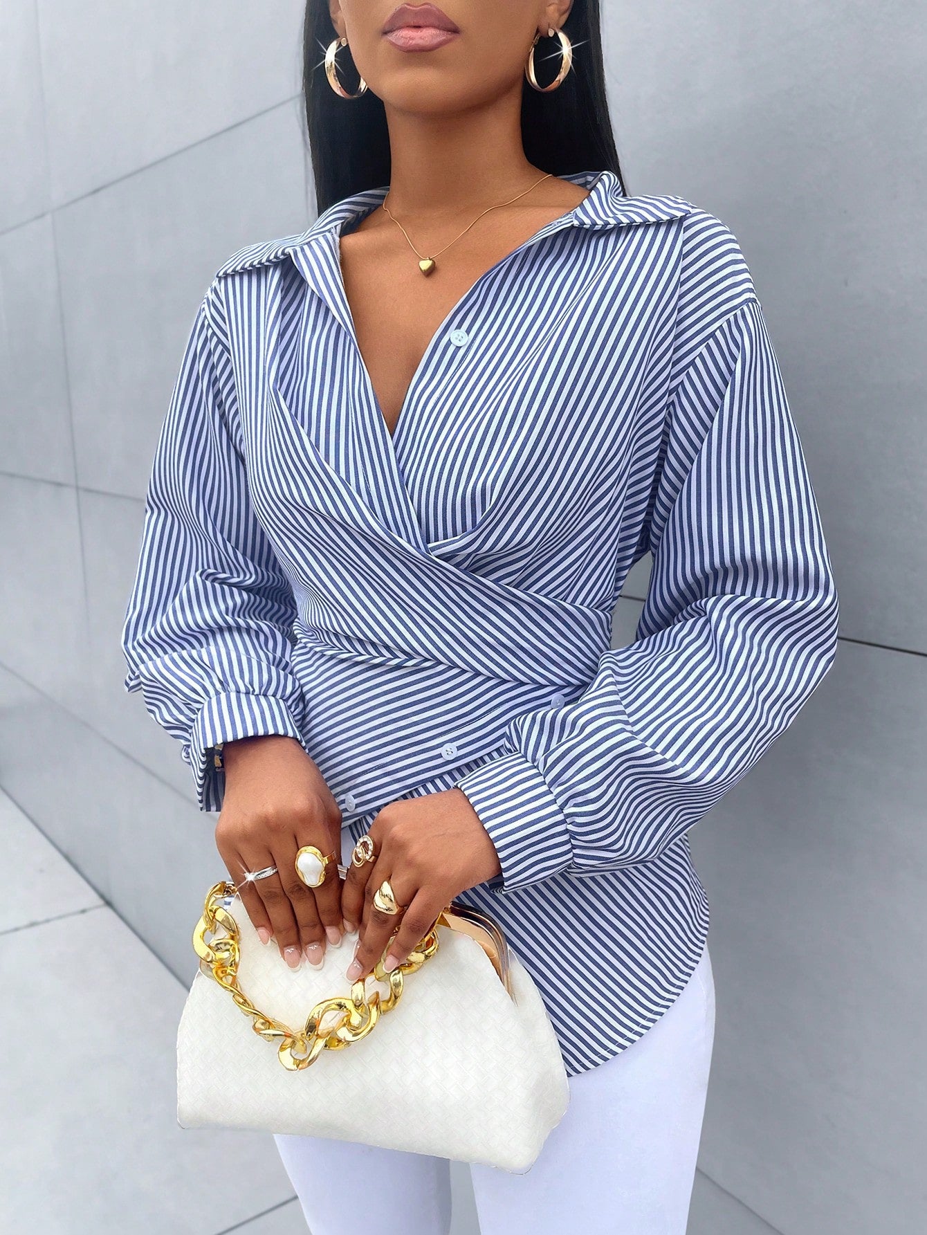 Women's Striped Print Button Front Shirt,Asymmetrical Hem ,Batwing Sleeve,Wrap Blouse,Fall Outfits,Long Sleeve,Winter Clothing,Elegant,Daily Commuting,Going Our,Casual,Long Sleeve Tops