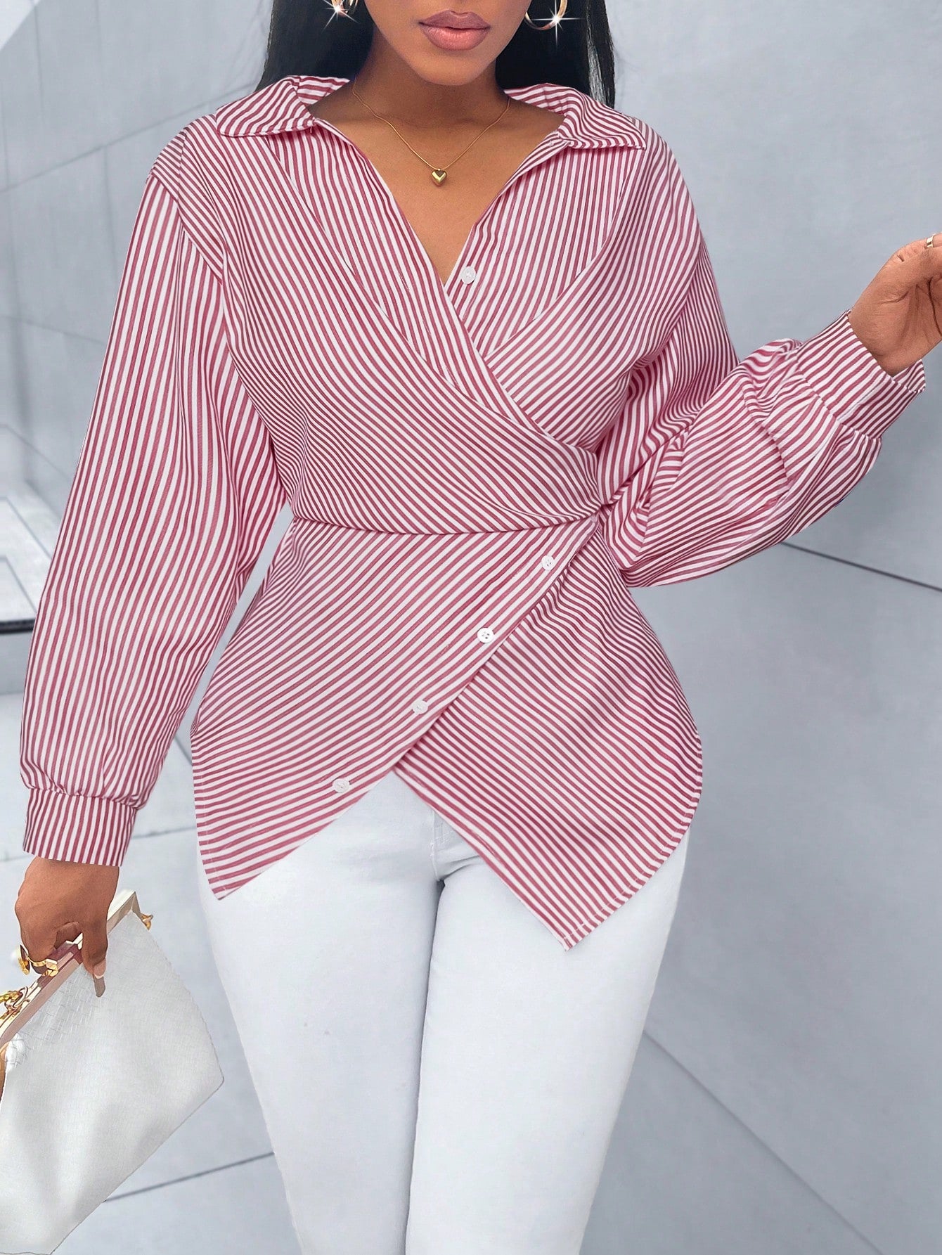 Women's Striped Print Button Front Shirt,Asymmetrical Hem ,Batwing Sleeve,Wrap Blouse,Fall Outfits,Long Sleeve,Winter Clothing,Elegant,Daily Commuting,Going Our,Casual,Long Sleeve Tops