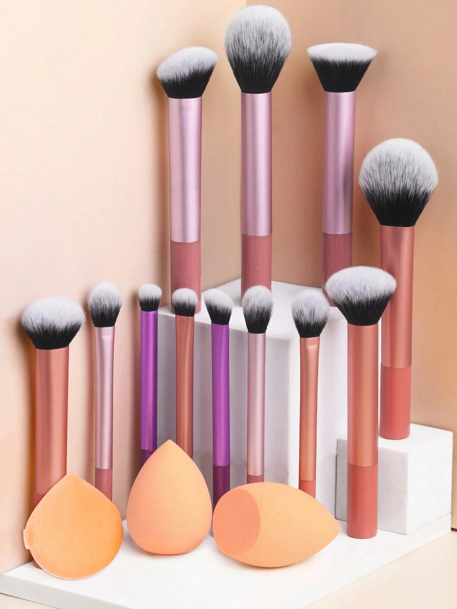 12pcs Multifunctional Super Soft Makeup Brush Set+Angled & Teardrop Shaped Beauty Sponge+1pc Round Powder Puff, Quick Makeup Application Tool