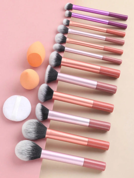 12pcs Multifunctional Super Soft Makeup Brush Set+Angled & Teardrop Shaped Beauty Sponge+1pc Round Powder Puff, Quick Makeup Application Tool