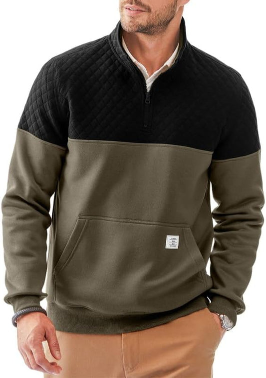 Men's Mock Neck Sweatshirts Quarter Zip Quilted Sweater Color Block Long Sleeve Casual Pullover