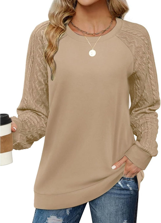 Womens Crewneck Cable Knit Sleeve Sweatshirts Lightweight Pullover Tunic Tops Long Sleeve Shirts Trendy Fall Clothes