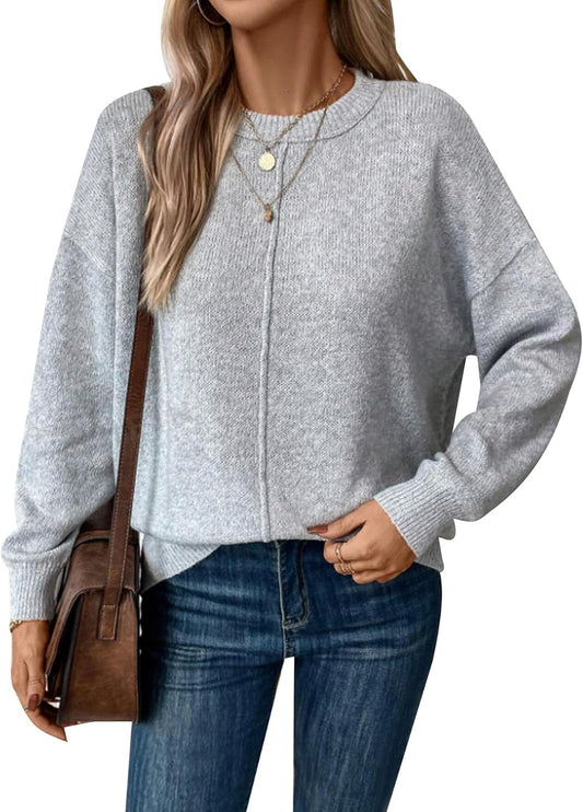 Women's Lightweight Sweater Soft Long Sleeve Drop Shoulder Crewneck Tops for Fall