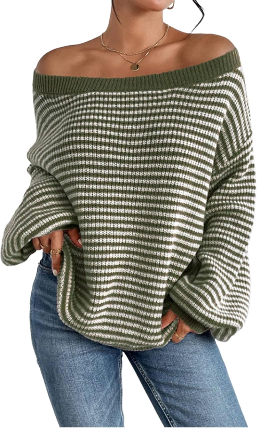 Women Off Shoulder Sweater Long Sleeve Knit Sweater Loose Pullover Jumper Tops