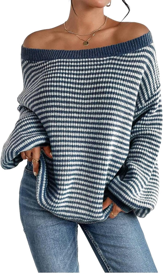 Women Off Shoulder Sweater Long Sleeve Knit Sweater Loose Pullover Jumper Tops