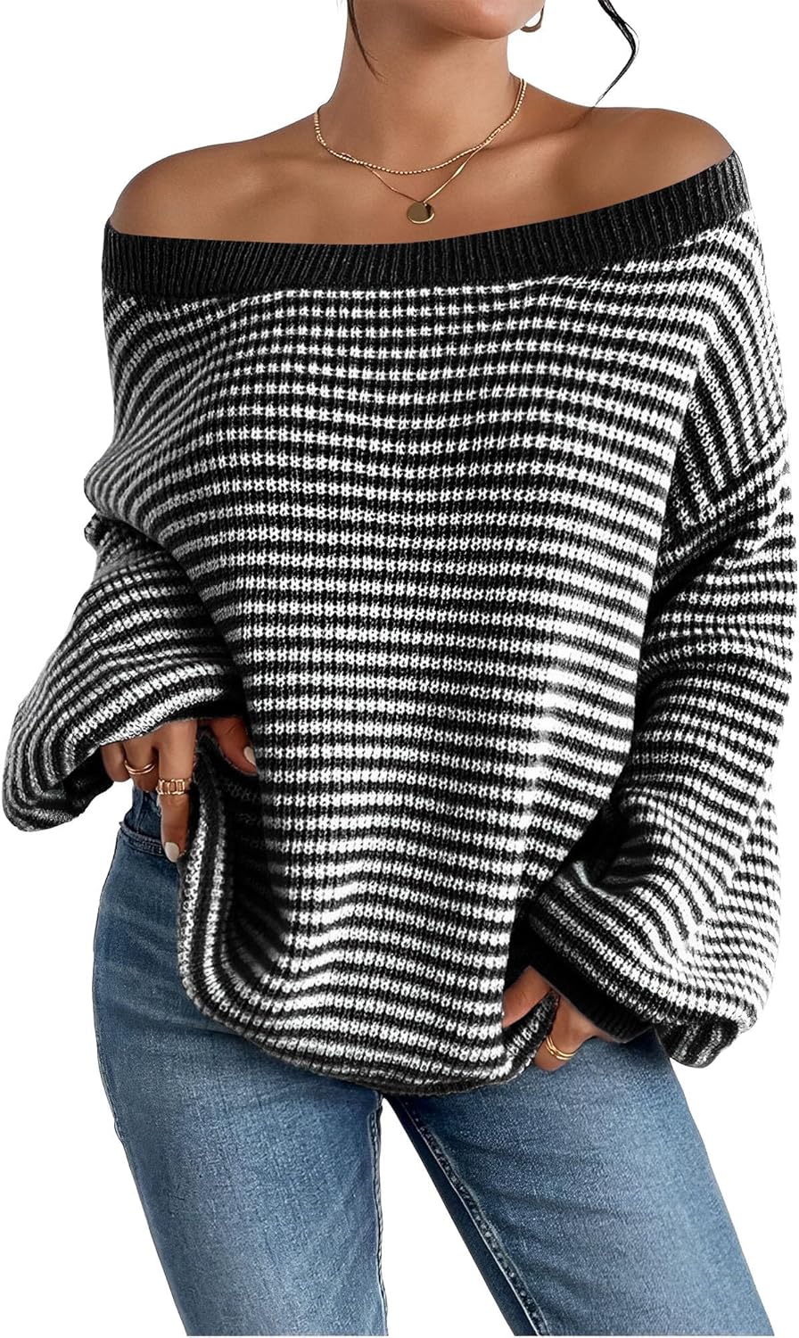 Women Off Shoulder Sweater Long Sleeve Knit Sweater Loose Pullover Jumper Tops