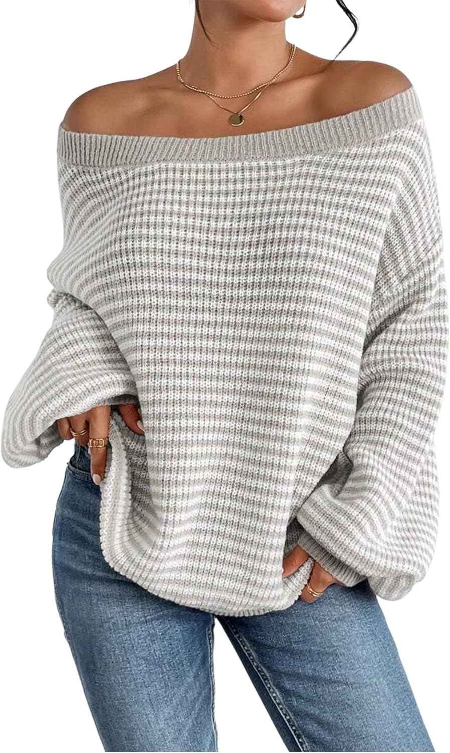 Women Off Shoulder Sweater Long Sleeve Knit Sweater Loose Pullover Jumper Tops