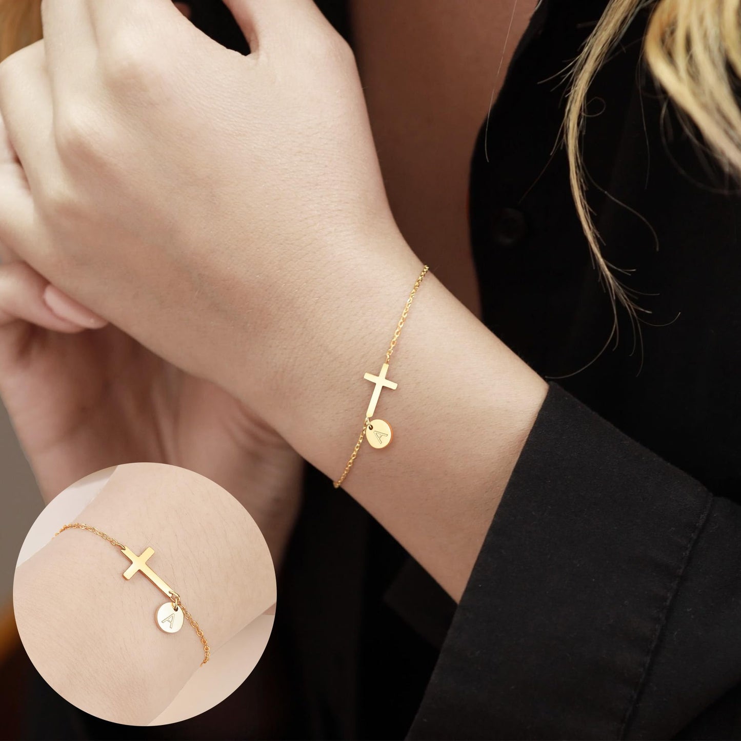 Cross Bracelet for Women Dainty Cross Bracelet with Initials Gold Link Chain Bracelets Christian Gifts for Women Teens Easter Baptism Religious Jewelry