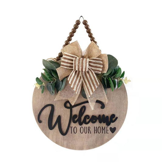 3D Welcome Sign for Front Door | Home/Farmhouse Porch Décor Wooden Hanging Sign with Artificial Leaves and Rustic Beads | Christmas Classroom |12" Round