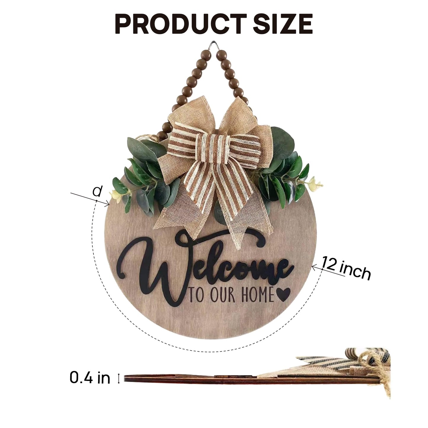 3D Welcome Sign for Front Door | Home/Farmhouse Porch Décor Wooden Hanging Sign with Artificial Leaves and Rustic Beads | Christmas Classroom |12" Round