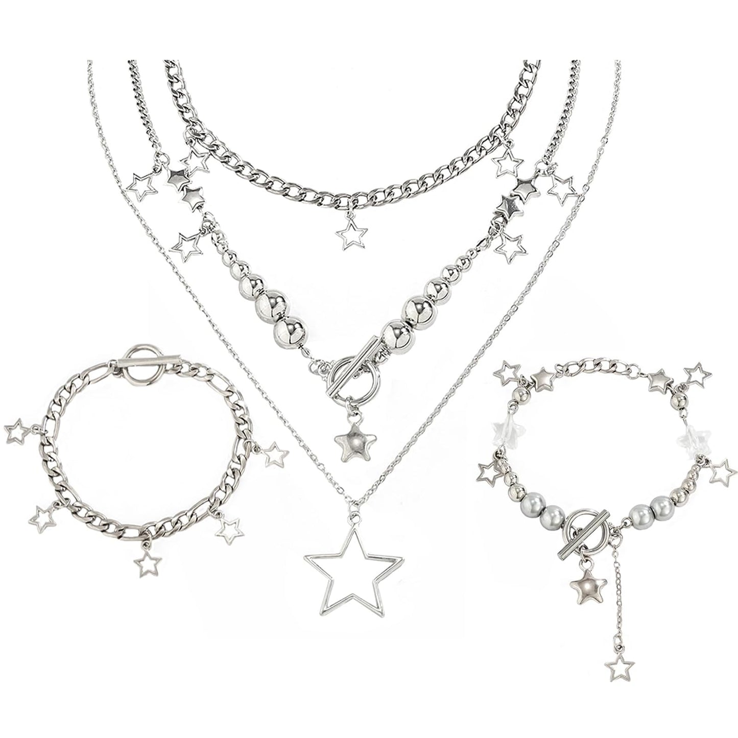 2 Pieces Silver Star Necklace Y2K Jewelry Set Grunge Necklace Kawaii Cute Necklaces Aesthetic Vintage Emo Jewelry