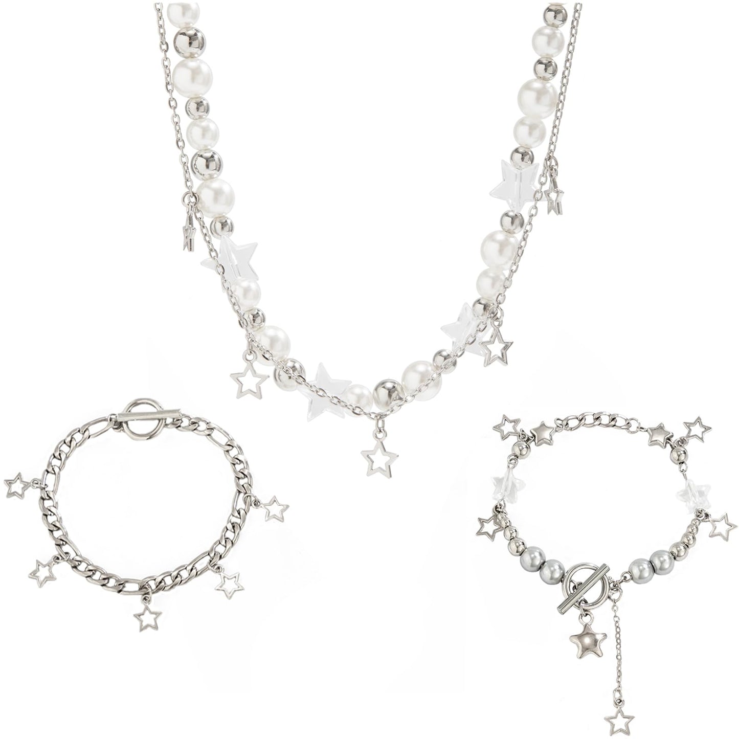 2 Pieces Silver Star Necklace Y2K Jewelry Set Grunge Necklace Kawaii Cute Necklaces Aesthetic Vintage Emo Jewelry