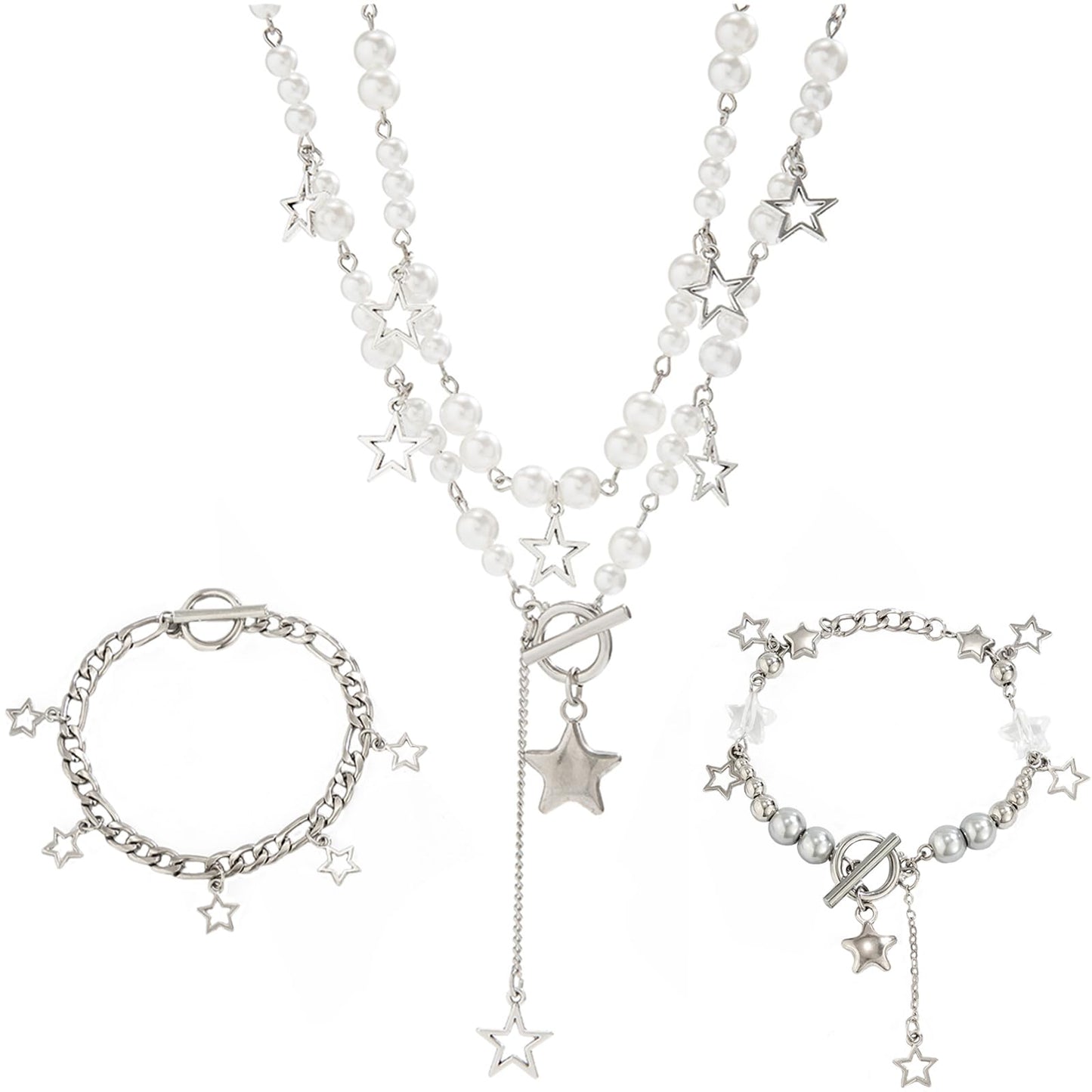 2 Pieces Silver Star Necklace Y2K Jewelry Set Grunge Necklace Kawaii Cute Necklaces Aesthetic Vintage Emo Jewelry