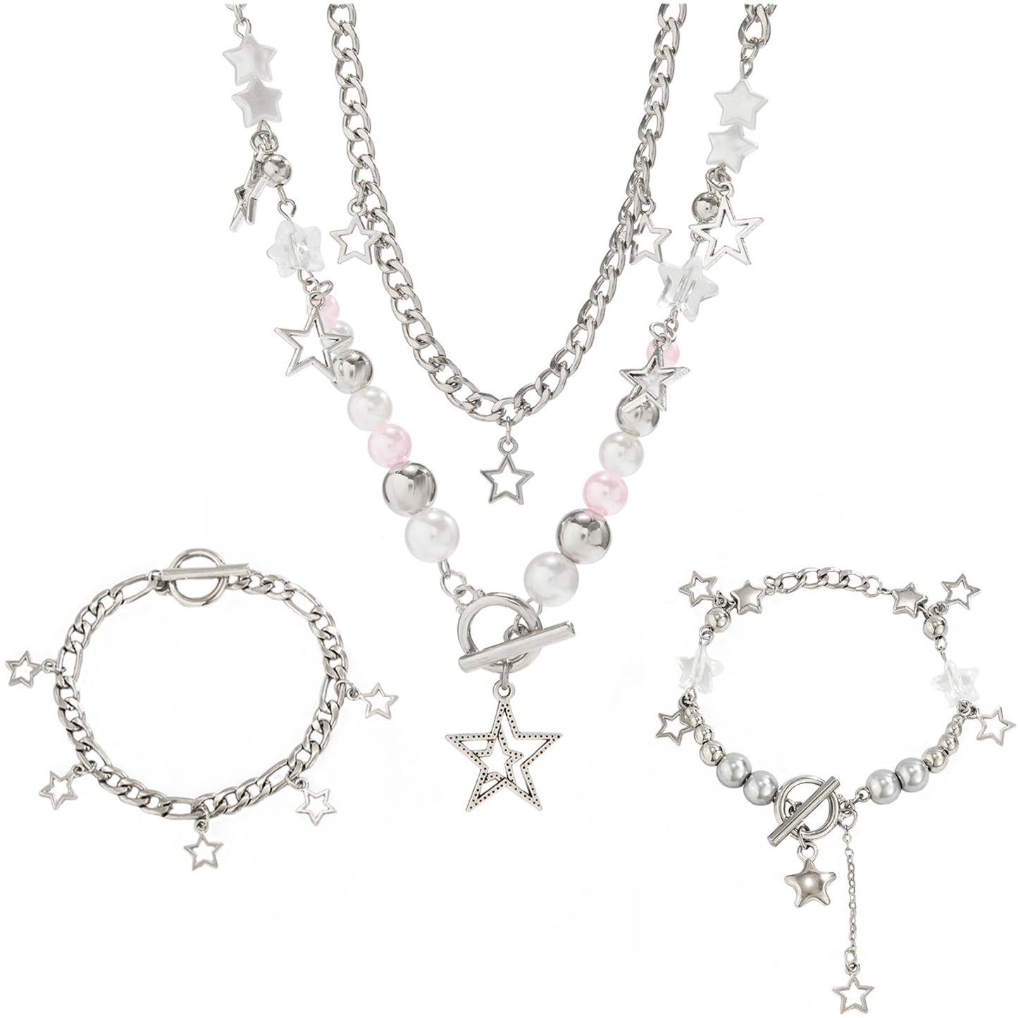 2 Pieces Silver Star Necklace Y2K Jewelry Set Grunge Necklace Kawaii Cute Necklaces Aesthetic Vintage Emo Jewelry